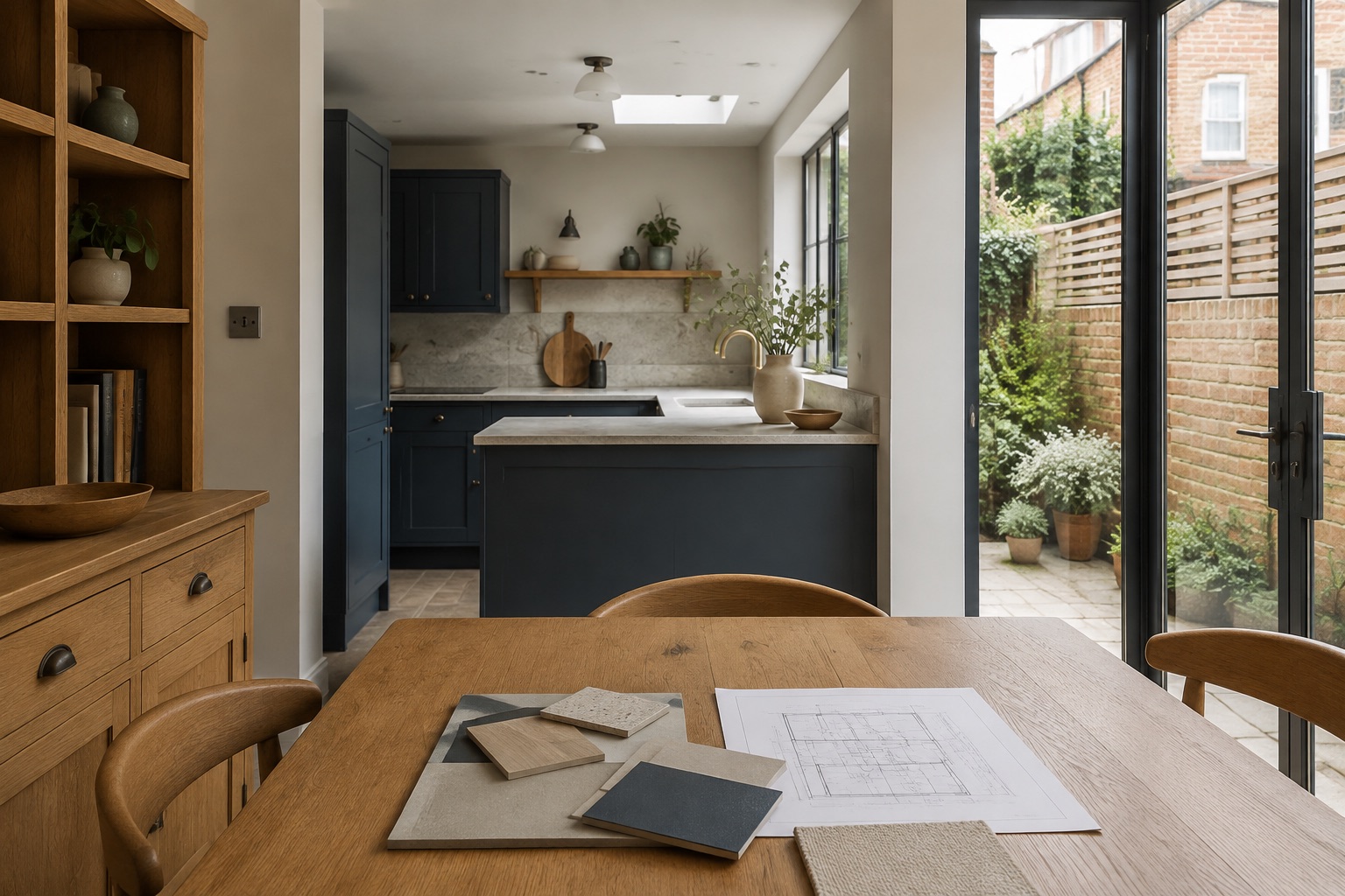 Renovation concept: an Oxford-blue kitchen with oak furniture, garden glazing and material samples on the table